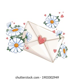 Sobre con un sello con corazones y delicadas y elegantes margaritas. Hermosa composición romántica vectorial.