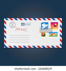 Envelope with stamps (dove, kite, tulip and fox) vector