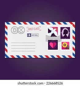 Envelope with stamps (dove, silhouette, heart and flower) vector