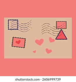 An envelope with stamps and hearts on a pink background.