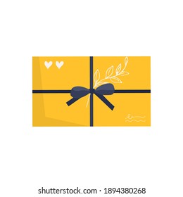 Envelope with stamps isolated on white backgound. Icon for delivery letter, correspondence, postal service. Hand made gift or present with craft paper letter, ribbon, branches.  Flat vector
