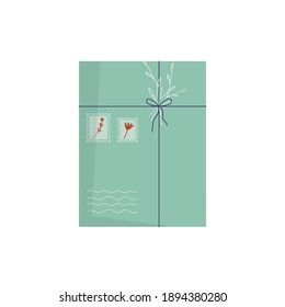 Envelope with stamps isolated on white backgound. Icon for delivery letter, correspondence, postal service. Hand made gift or present with craft paper letter, ribbon, branches.  Flat vector