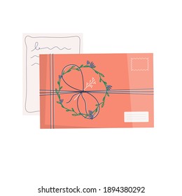 Sobre con sellos aislados sobre fondo blanco. Icono para carta de entrega, correspondencia, servicio postal. Hand hizo regalo o regalo con cartas de papel artesanal, cinta, ramas.  Vector plano