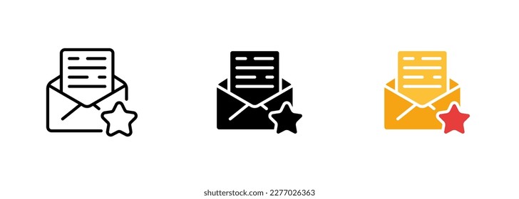 An envelope with a star icon, representing the idea of a special or important message, or a message that has been marked as a priority. Vector set of icons in line, black and colorful styles isolated.