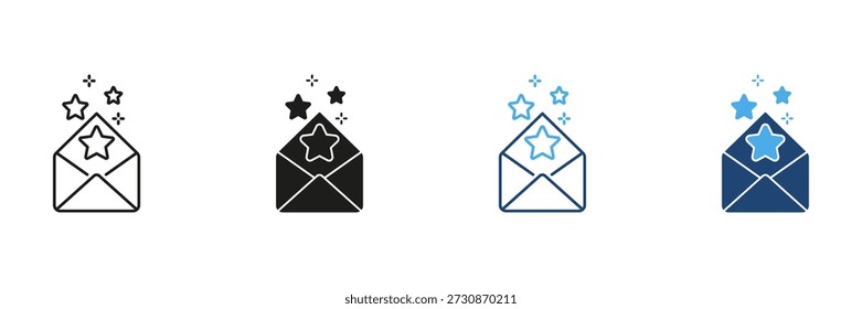 Envelope With Stars Line And Solid Icon Set. Email Notification, Special Message, And Starred Mail Outline And Silhouette Symbol Collection. Communication And Alerts. Isolated Vector Illustration.