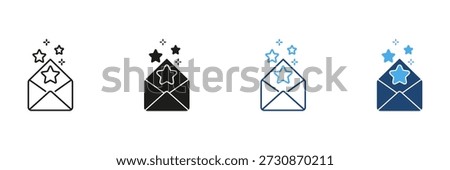 Envelope With Stars Line And Solid Icon Set. Email Notification, Special Message, And Starred Mail Outline And Silhouette Symbol Collection. Communication And Alerts. Isolated Vector Illustration.