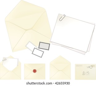 Envelope Stationery Set. Open, Closed, Wax Sealed, and Stamped versions all on separate EPS layers.