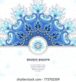 Envelope with a sticker and round oriental ornaments in winter colors. Fancy flowers with paisley and curls. Snowflakes on the background. Place for your text