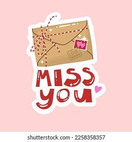 Envelope with striped rope. Love letter. Quote miss you. Sticker and card design for Valentines Day. All lovers Day decoration element. Colored Flat style in vector illustration.