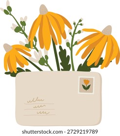 Umschlag gefüllt mit Konflower Stems, Knospen, Blättern und einem Stempel, in fetten Formen und sauberen Linien gezeichnet. Symbol für Botschaft, Gruß, Liebe und Frühlingsstimmung. Cartoon, Vektorgrafik.