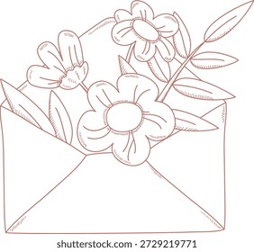 Envelope recheado com flores de margaridas e folhas, esboçado com escotilha fina e contornos limpos. Símbolo de amor, saudação, gratidão e entrega de mensagens. Ilustração de vetor de desenhos animados.