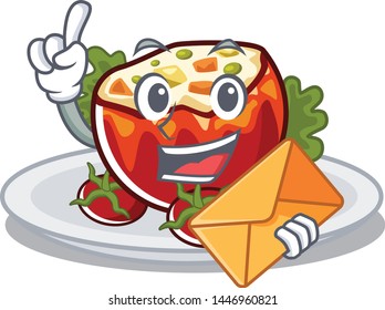 With envelope stuffed tomatoes isolated in the mascot