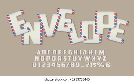  Envelope style font set, alphabet letters and numbers in flat style.