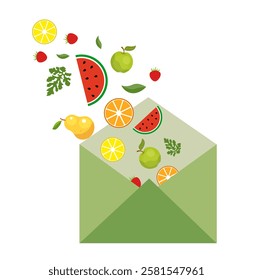Envelope with Summer, Sweet Fruit on a White Background
