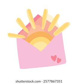 envelope with the sun inside and hearts. concept of a love letter, letter to a loved one