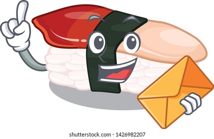With envelope sushi hokkigai cartoon on a plate