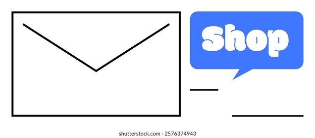 Envelope symbol and blue speech bubble with Shop word. Ideal for marketing, emailing, e-commerce, communication, online shopping. Minimalist style emphasizing digital interaction and commercial