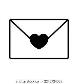 Envelope symbol, white color letter with black heart and outline, romance, valentine's day, wedding, love, idea concept. Vector illustration graphic isolated on white color background.