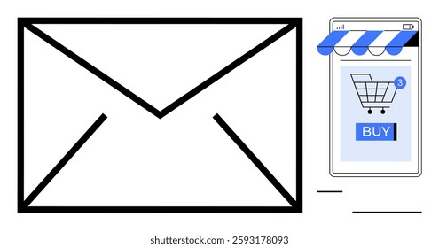 Envelope symbolizing email marketing next to a smartphone showing an online stores shopping cart, highlighting digital commerce. Ideal for online shopping, e-commerce, email marketing, mobile apps