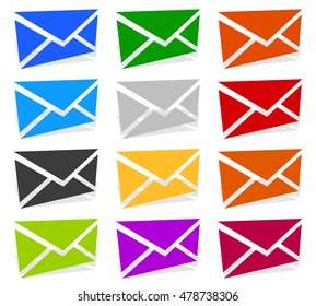 Envelope symbols in 12 colors as contact, support, email icons, buttons