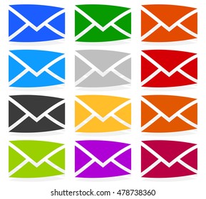 Envelope symbols in 12 colors as contact, support, email icons, buttons