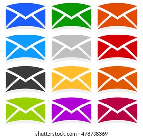 Envelope symbols in 12 colors as contact, support, email icons, buttons