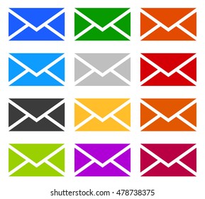 Envelope symbols in 12 colors as contact, support, email icons, buttons