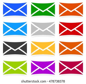 Envelope symbols in 12 colors as contact, support, email icons, buttons