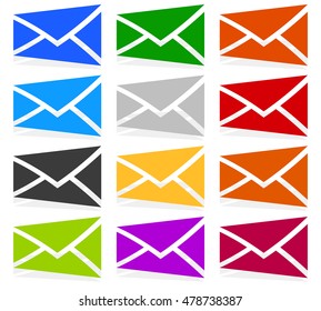 Envelope symbols in 12 colors as contact, support, email icons, buttons