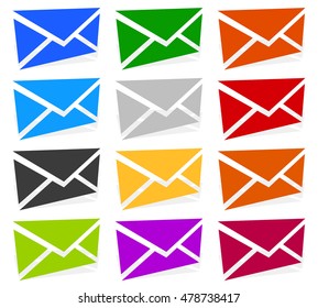 Envelope symbols in 12 colors as contact, support, email icons, buttons