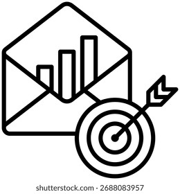 Um envelope com um gráfico de barras e de destino, simbolizando uma campanha de marketing por email gerenciada pelo CRM.