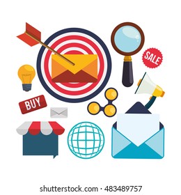 envelope target bulb megaphone and lupe icon. Email marketing message communication and media theme. Colorful design. Vector illustration