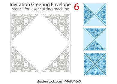 Envelope template 6 For Laser cutting. Square format. Die of wedding and invitation card. Vector Illustration isolated on white background.
