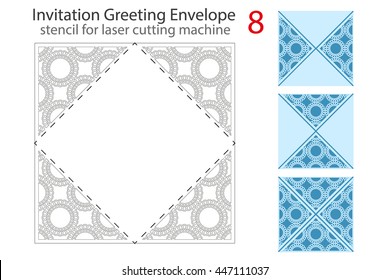 Envelope template 8 For Laser cutting. Square format. Die of wedding and invitation card. Vector Illustration isolated on white background.
