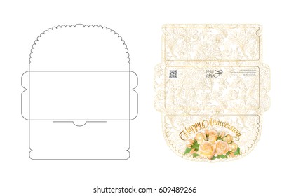 Envelope template with flap design. Easy to fold. Ready to print colorful envelope for money. Roses bouquet with golden outline . Die cut envelope layout.