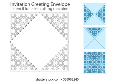 Envelope template For Laser cutting. Square format. Die of wedding and invitation card. Vector Illustration isolated on white background.