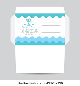 Envelope template with logo for travel agency. Palm, seagulls, island and waves, single line design