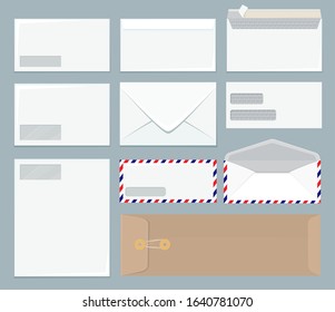Envelope template. Office close up blank mockup realistic business paper envelope vector