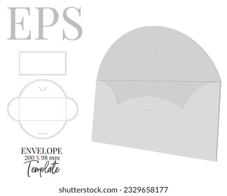 Envelope Template, Vector with die cut, laser cut lines. White, clear, blank, isolated Envelope mock up on white background with perspective presentation. Packaging Design