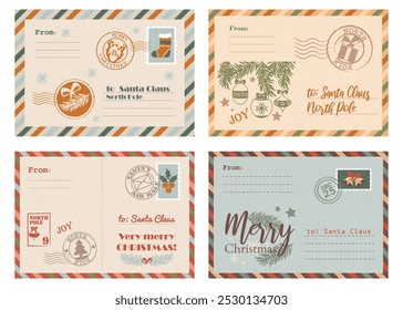 Envelope templates design or postcards for Christmas and New Year. Vector empty mock up set. Vintage paper card or blank document for the North Pole mail. Letters to Santa Claus. Postmarks and stamps.