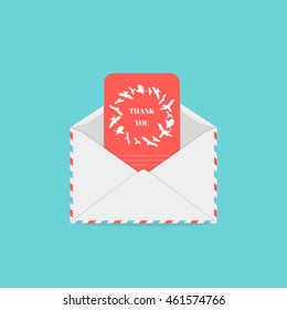 Envelope and thank you greeting card with flying flock of birds. Romantic label. Correspondence, personal communication, email concept design. Isolated vector illustration.