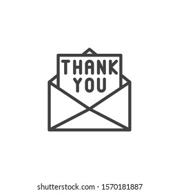 Envelope with thank you letter line icon. linear style sign for mobile concept and web design. Thank You card in an envelope outline vector icon. Thanksgiving message symbol, logo illustration.