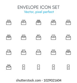 Envelope theme, line icon set. Pixel perfect, fully editable stroke, black and white, vector icon set suitable for websites, info graphics, and print media.