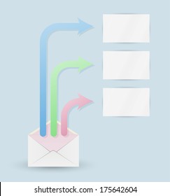 envelope and three color arrows with blank papers on blue background