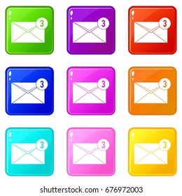 Envelope with three messages icons of 9 color set isolated vector illustration