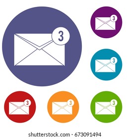 Envelope with three messages icons set in flat circle reb, blue and green color for web