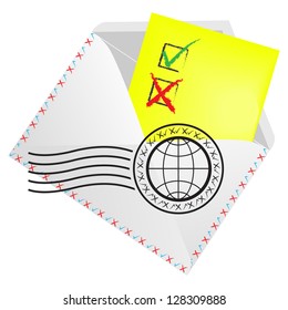 Envelope with tick and cross signs and post stamp.