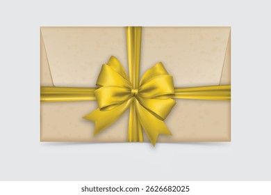 Envelope tied with bright golden bow and ribbon, ideal for luxury invitations, festive greetings, and gift cards.