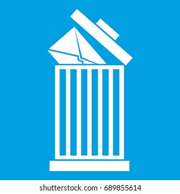 Envelope in trash bin icon white isolated on blue background vector illustration