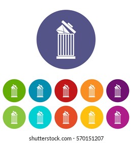 Envelope in trash bin set icons in different colors isolated on white background